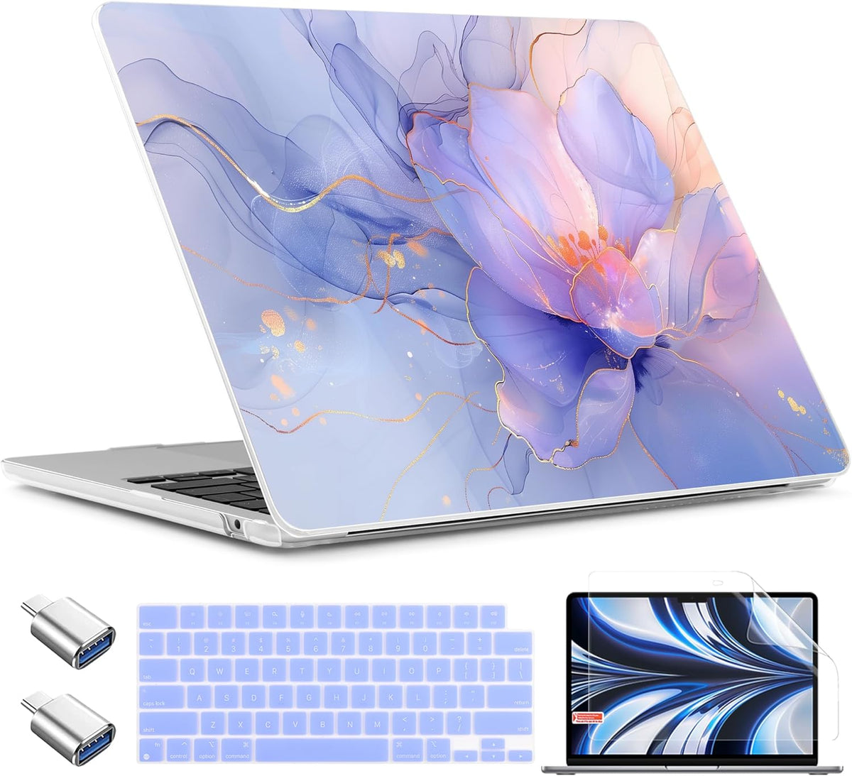 TWOLSKOO Compatible with M4 MacBook Air 13.6 inch Case 2025-2022 Release M4 A3240 M3 A3113 M2 A2681, Plastic Hard Shell & Keyboard Cover & Type C Adapter & Screen Protector, Blue Marble