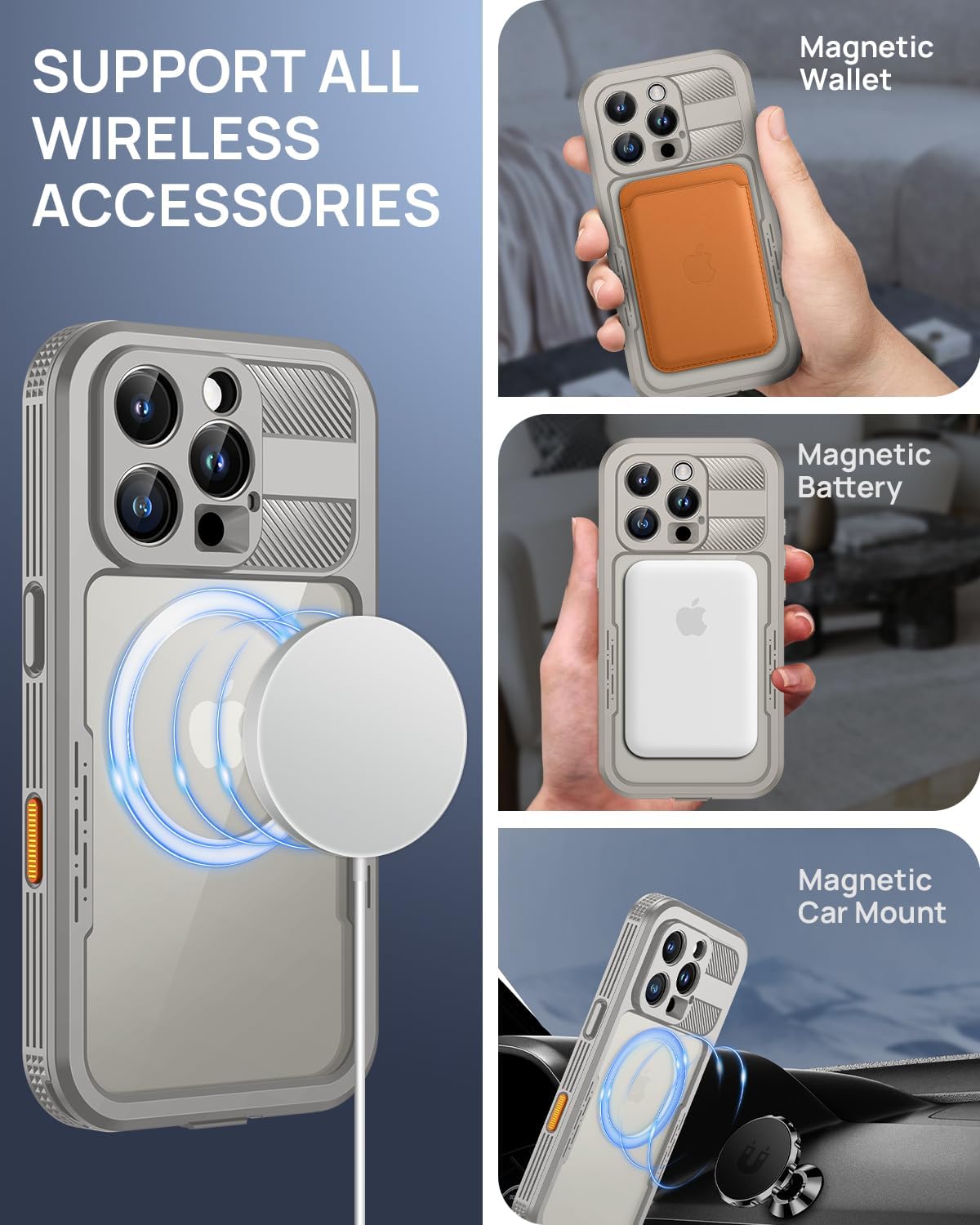 Lanhiem Magnetic for iPhone 16 Pro Max Case, IP68 Waterproof Dustproof Case, [Compatible with Magsafe] [Built-in Screen Protector] Full Body Heavy Duty Rugged Phone Cover 6.9 inch, Natural