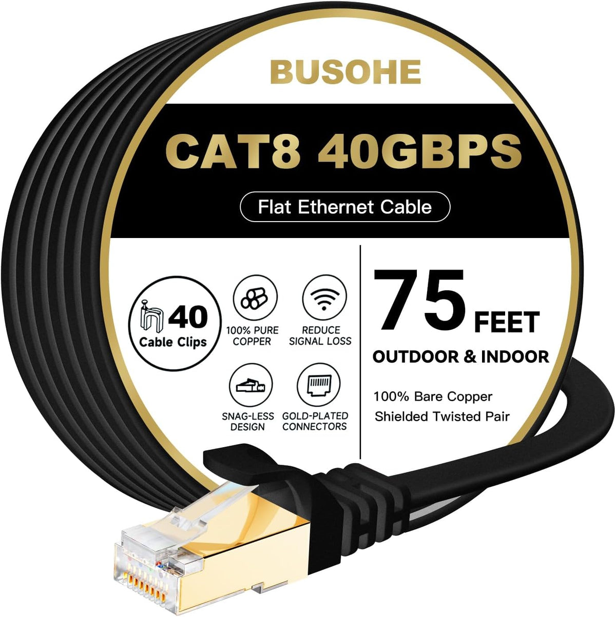 8 75 40Gbps 2000MHz Cat8 RJ45 75FT BUSOHE Cat Ethernet Cable FT, High Speed Flat Internet Network Patch Cord, SFTP