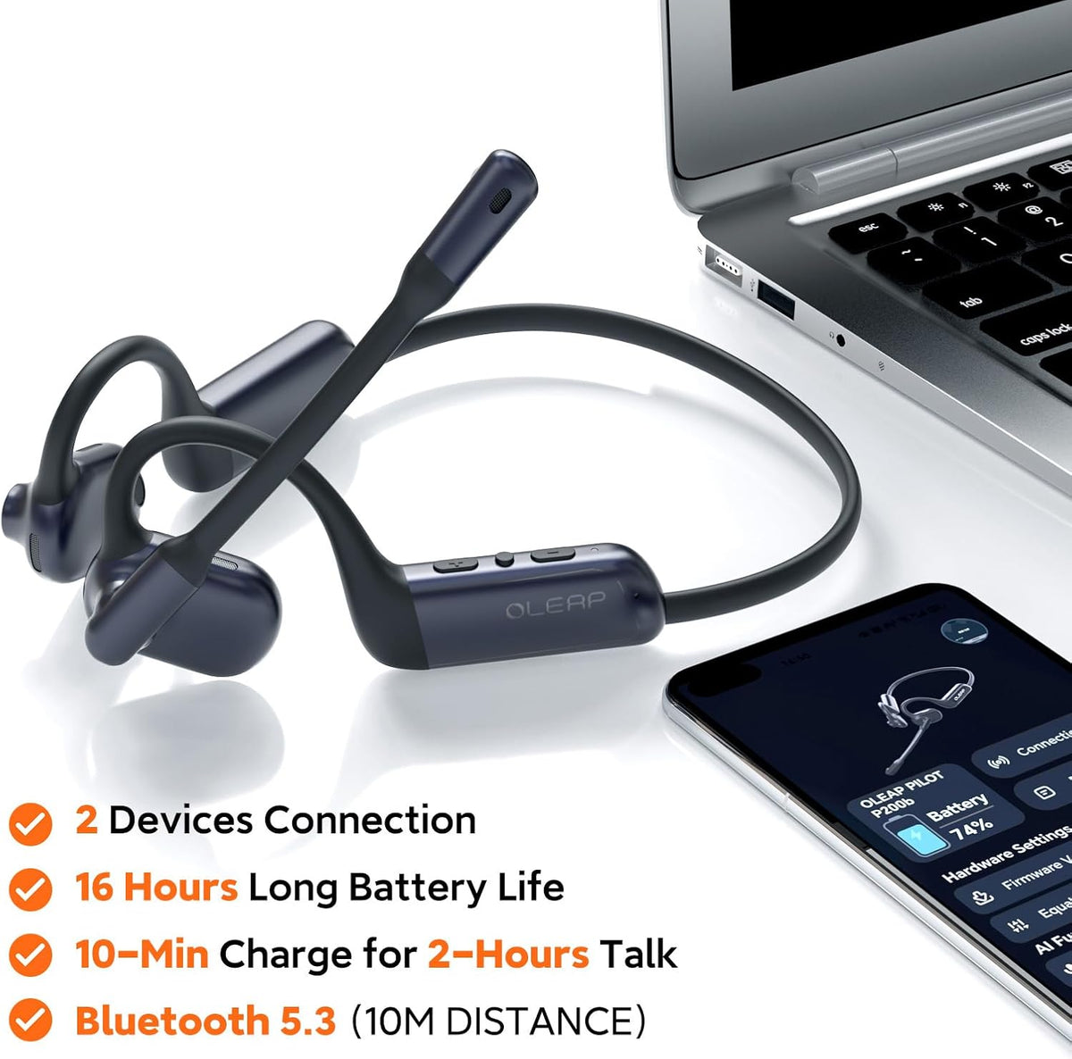 Pilot P200b Pro Wireless Headset with Mic for Work,50dB AI Noise Cancelling Microphone Headphones for Call,Bluetooth 5.3 Open Ear Computer Headset with Microphone & USB-C for Office,Meetings,WFH