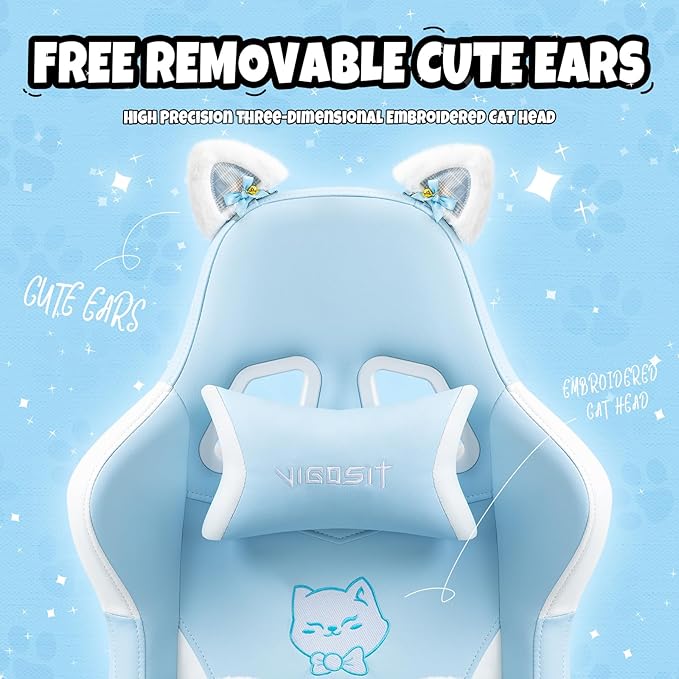 Cat Ears Gaming Chair - Ergonomic PU Leather Office Chair Cute Chair with Footrest for Adult 310lbs Capacity 90°-155° Reclining paw Pillow Blue