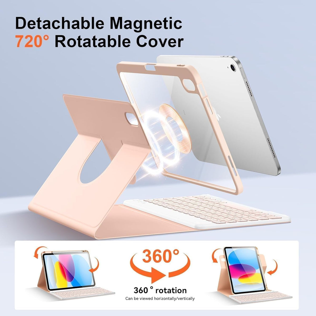 for iPad 11th 10th Generation Case with Keyboard, Magnetic 720° Rotatable Cover Detachable Wireless Bluetooth Backlit Keyboard with Pencil Holder for iPad 11 inch A16 2025 & 10.9 inch 2022 -Pink