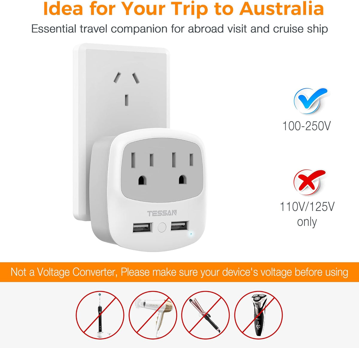 TESSAN New Zealand Australia Plug Adapter, Type I Travel Adaptor with 2 USB Ports 2 American Outlets, US to Australian AU Fiji Argentina China Charger Power Converter