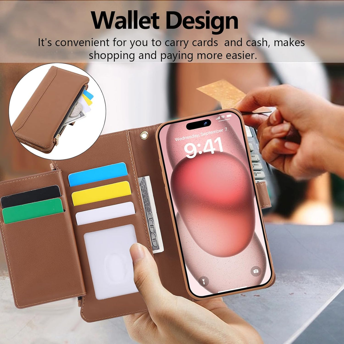 Compatible with iPhone 7/8/SE 2020/SE 2022 Wallet Case PU Leather Shockproof Protective Cover with Credit Card Slots, Zipper Pocket Detachable Wrist Strap,Unisex Design for Men/Women-Brown