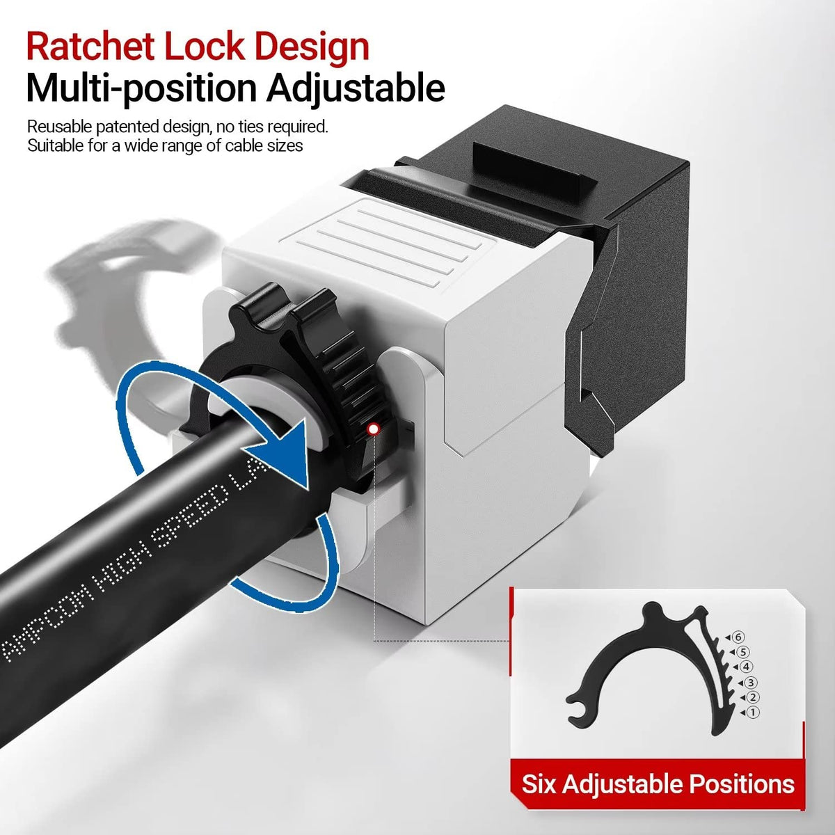 AMPCOM CAT6 RJ45 Keystone Jack - Reusable UTP Ethernet Wall Jack with Adjustable Ratchet Lock Design, No Tool and Zip Tie Required - 50u Gold Plated - Black (12-Pack)