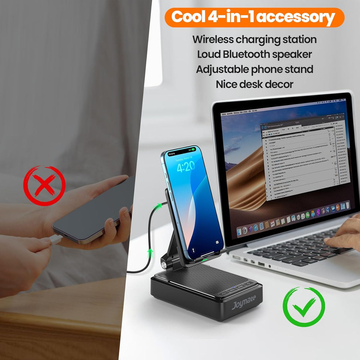 Gifts for Men and Women, Wireless Phone Charger Stand with Bluetooth Speaker and Adjustable Angle Phone Holder for Desk Tech Gift for Birthday/Anniversary (Black)