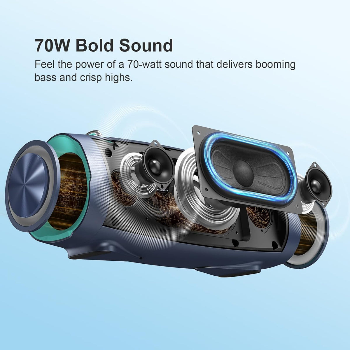 DOSS Extreme Boom Pro D100 Bluetooth Speaker with 140W Peak, 70W Bold Sound, Extra Bass, 24H Playtime, Beat-Sync Lights, Built-in Battery Sharing, IPX6 Waterproof, Portable Strap for Outdoor-Blue