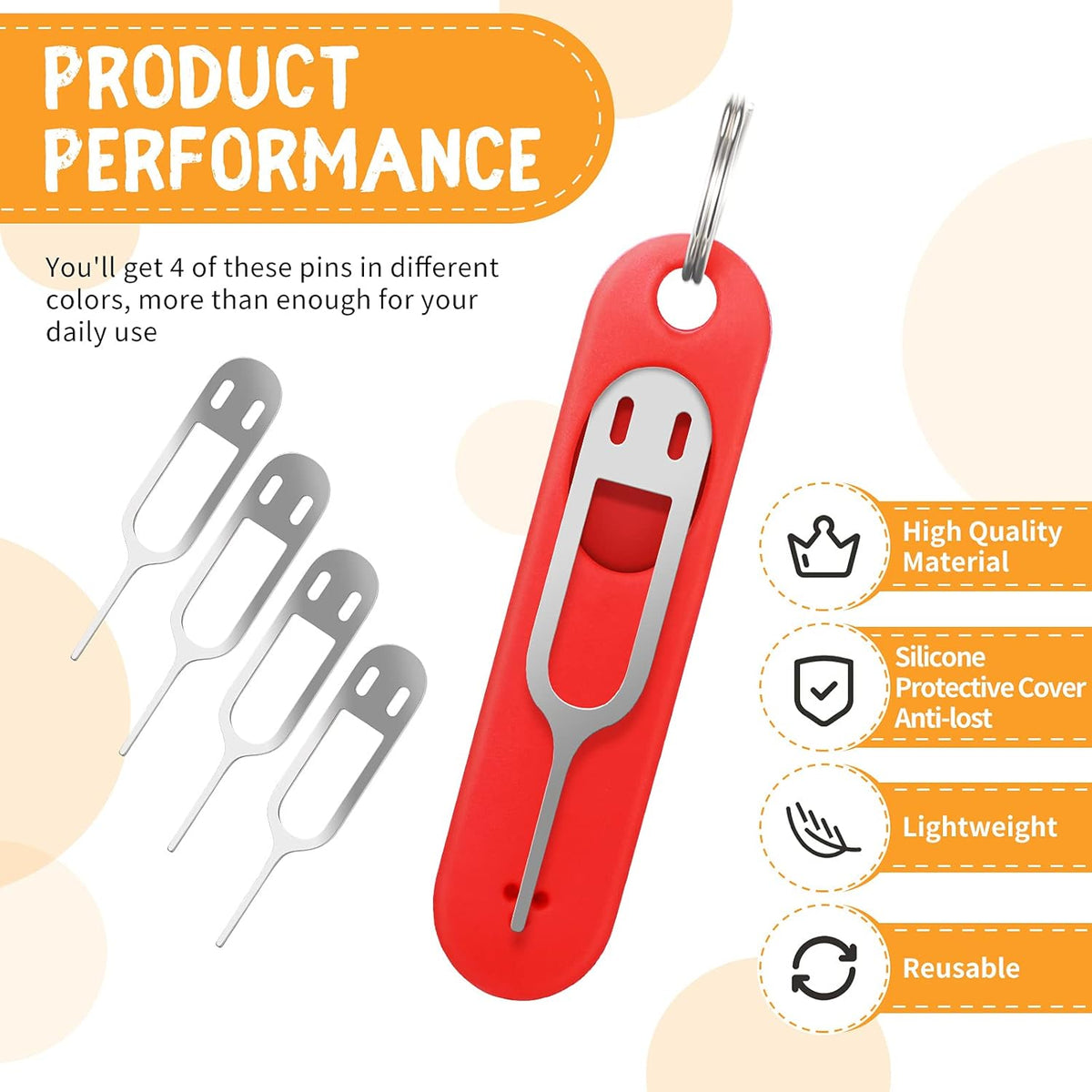 Sim Card Removal Tool Phone Chip Remover Unlock Chip Sim Card Tray Eject Pin Tool Needle Opener Ejector with Detachable Keychain Charm for Smart Phone, 4 Pieces