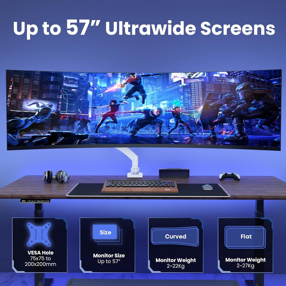 Ultrawide Monitor-Arm Heavy Duty 22-57‘’ - PUTORSEN Aluminum Single Monitor Mount Holds up to 59.4 lbs, Premium Adjustable Desk Mount Stand, VESA 75/100/200 mm, White