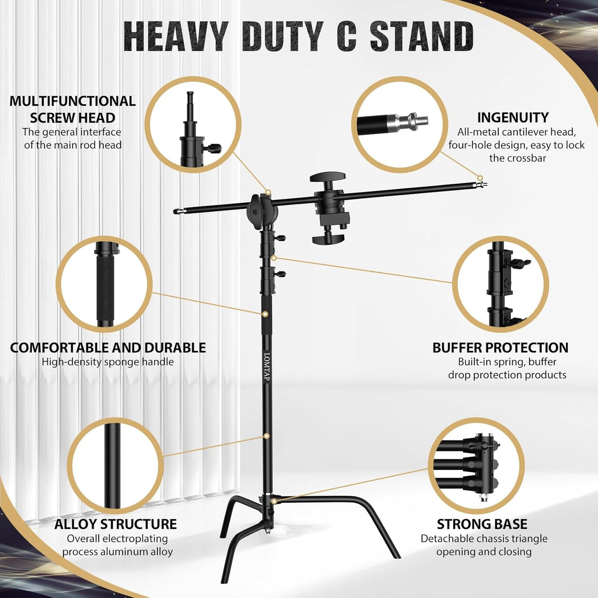 LOMTAP C Stand Light Stand Stainless Metal Photography Kit - Heavy Duty 10.8ft/330cm Vertical Pole, 4.2ft/128cm Boom Arm, Adjustable Base, Water Sandbag, 2 Grip Heads, 3 Clips for Softbox, Reflector