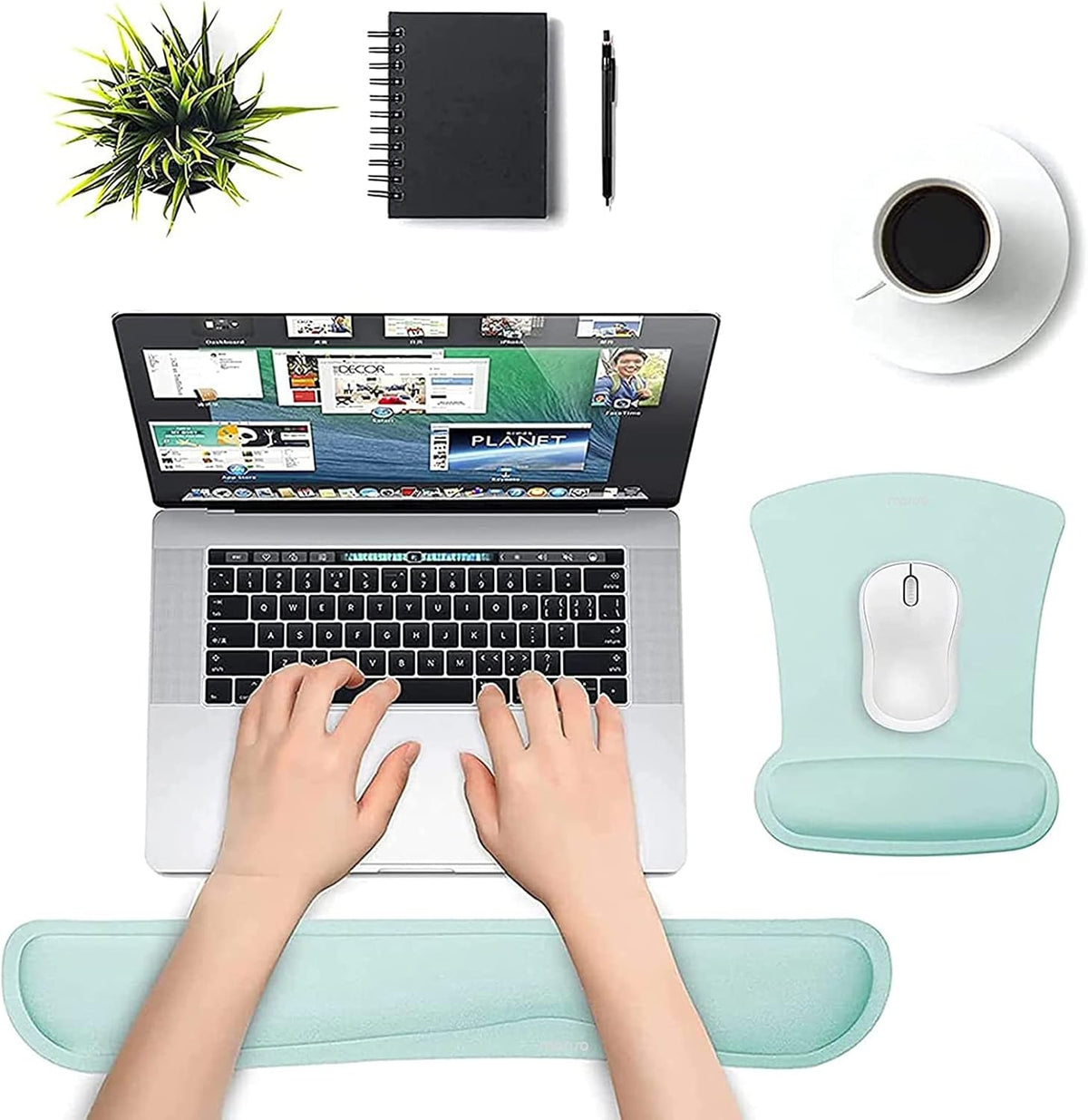 MOSISO Wrist Rest Support for Mouse Pad & Keyboard Set, Ergonomic Mousepad Non-Slip Base Home/Office Pain Relief & Easy Typing Cushion with Neoprene Cloth & Raised Memory Foam, Mint Green