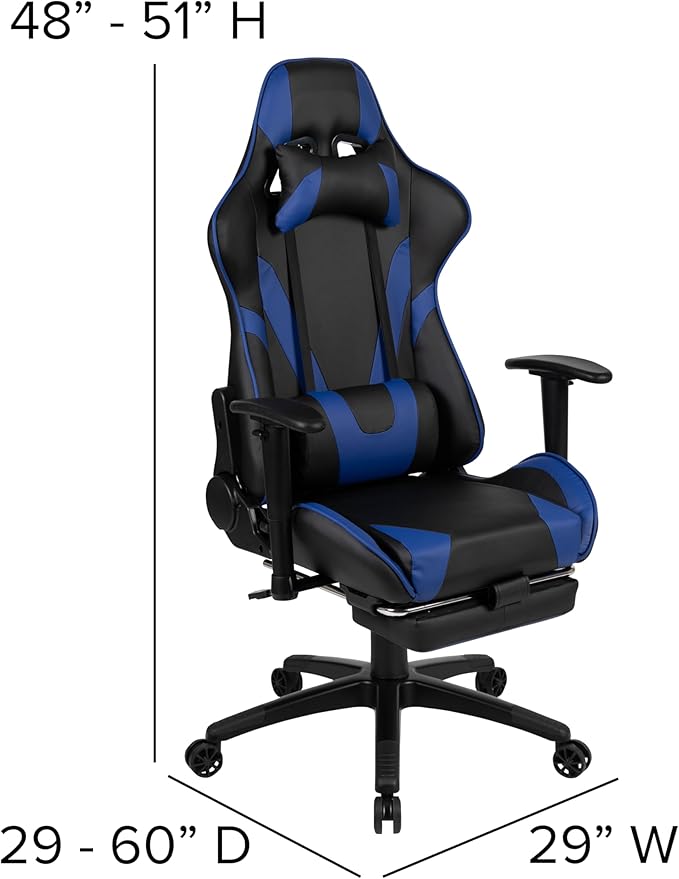 BizChair Black Gaming Desk with Cup Holder/Headphone Hook and Monitor/Smartphone Stand &amp Blue Reclining Gaming Chair with Footrest