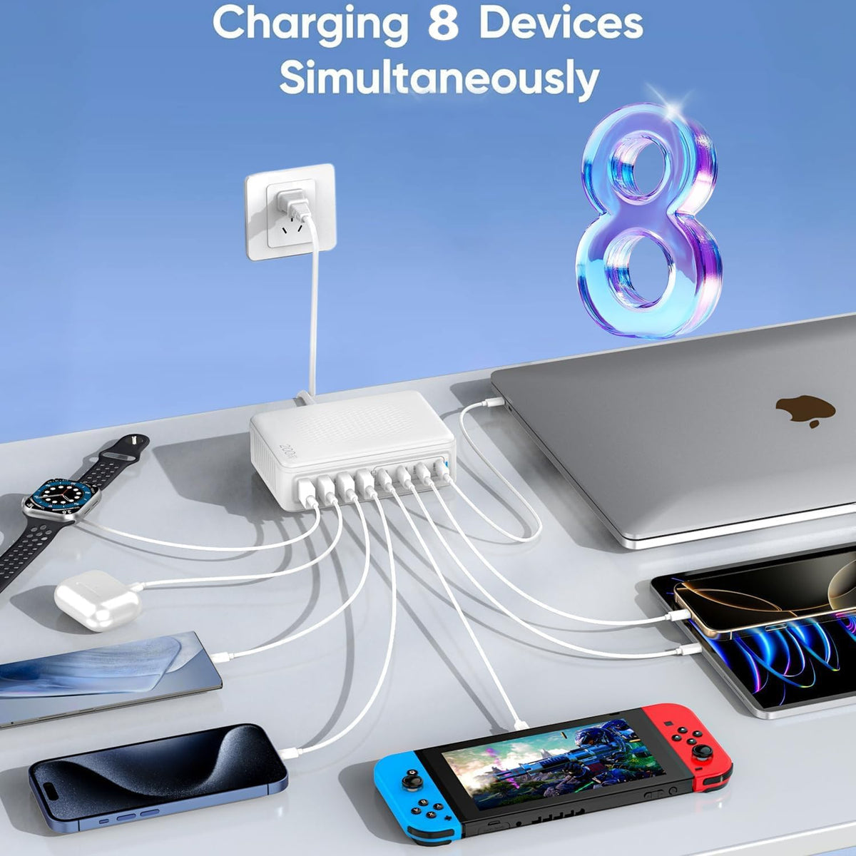 USB C Charger Block Charging Station - 200W Fast GaN 8-Port Multiple USB Charging Hub,65W Laptop Charger Compatible with MacBook Pro/Air,iPad,iPhone 16/15/14, Samsung S25/24,DELL,Steam Deck,5ft Cord