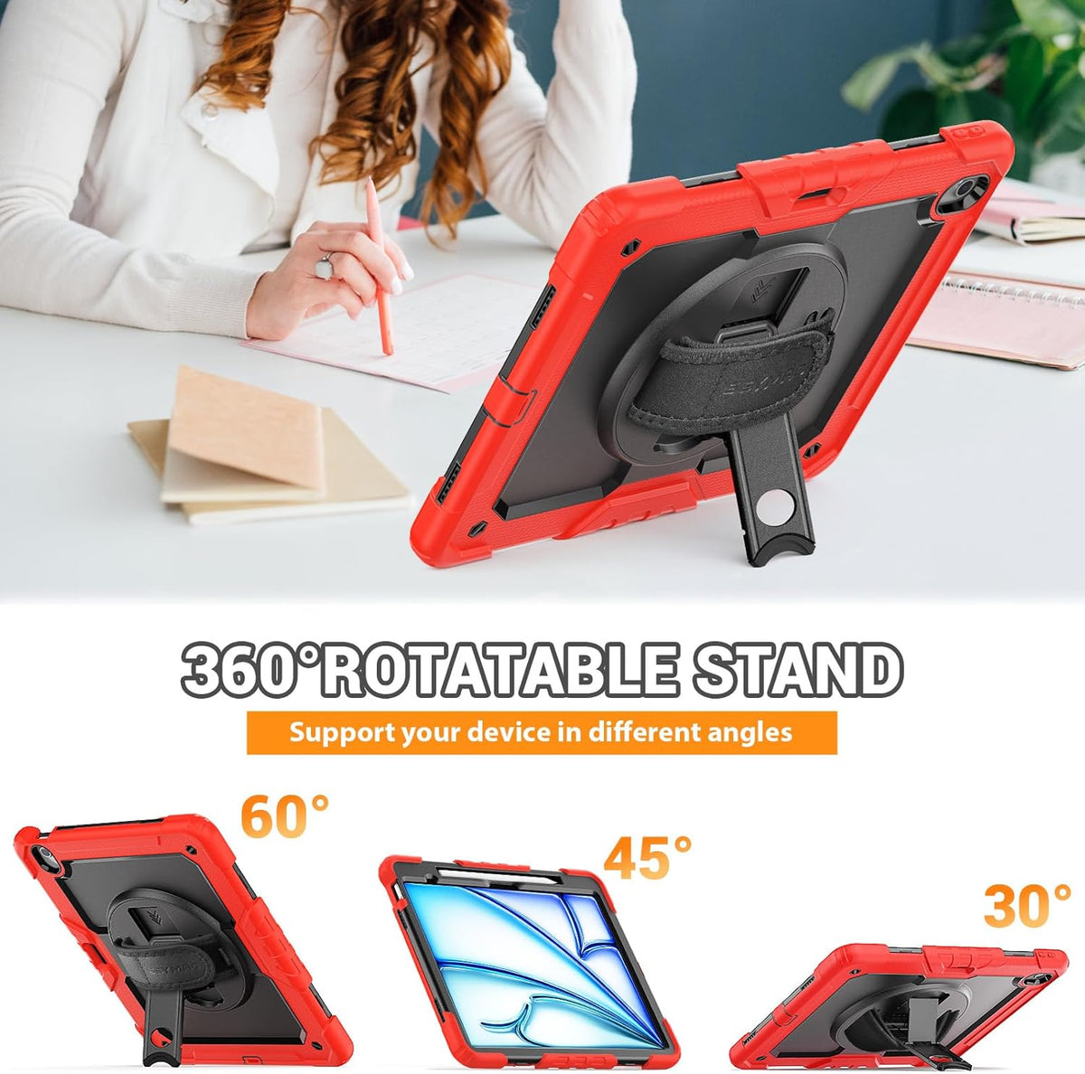 SEYMAC for iPad Air 13 Inch Case M3 2025/ M2 2024, Heavy Duty Shockproof Protective Case with Screen Protector, Rotating Stand, Hand/Shoulder Strap and Pen Holder for iPad Air 13, Red