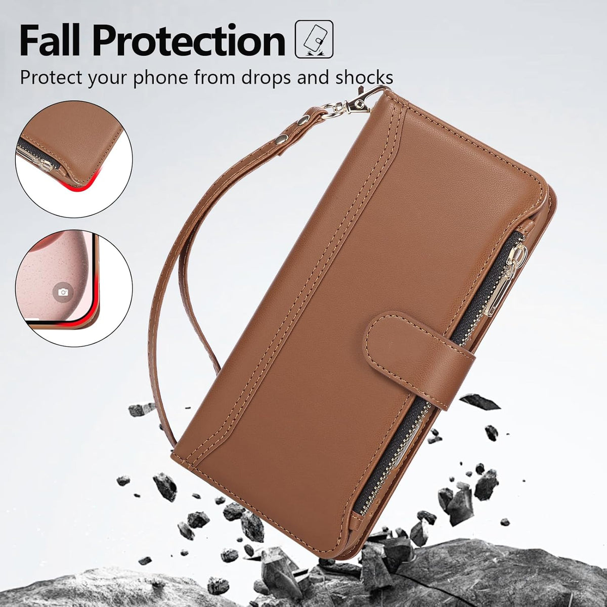 Compatible with iPhone 16 Pro Max Wallet Phone Case-PU Leather Magnetic Flip Cover with Credit Card Slots,Zipper Pocket & Detachable Wrist Strap,Shockproof Design,for Women and Men-Brown