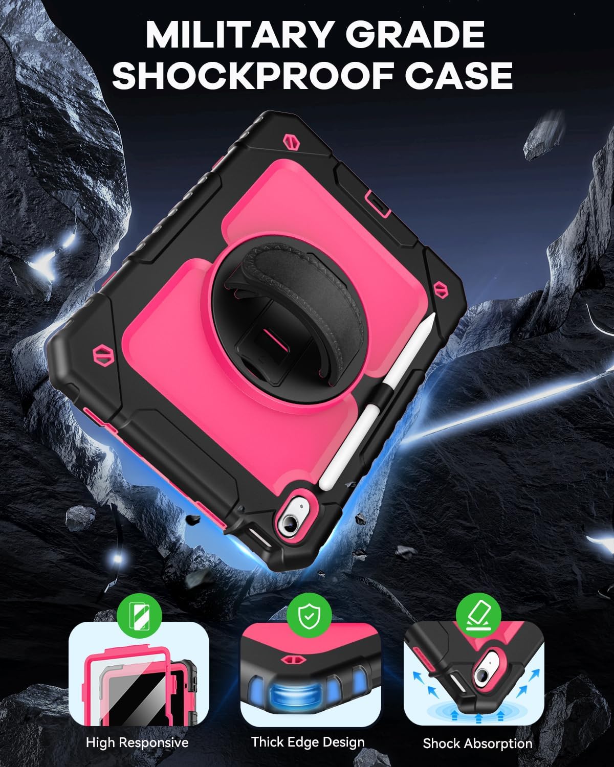 Cantis Case for iPad 11-inch (A16) 2025/ iPad 10th Generation 2022 (10.9 inch) with Screen Protector, iPad 11th Case with 360 Degree Rotating Stand/Shoulder Strap/Pencil Holder, Black+Hot Pink