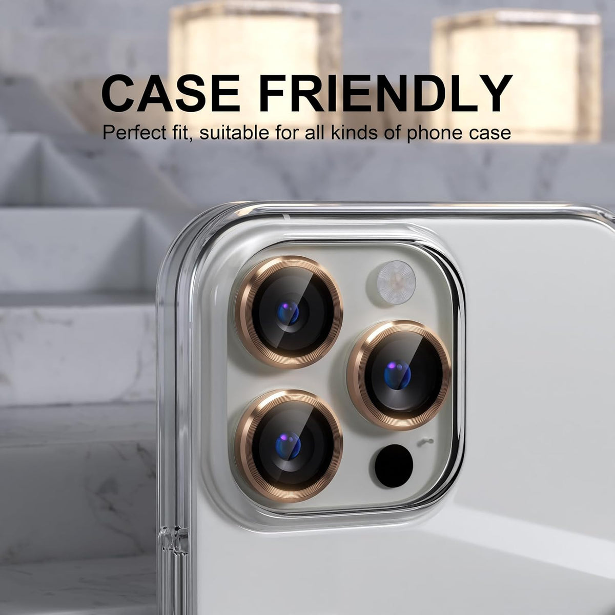Choiche Compatible for iPhone 16 Pro/iPhone 16 Pro Max Camera Lens Protector, 9H Tempered Glass Camera Cover Screen Protector Metal Ring Decoration Accessories (Gold)