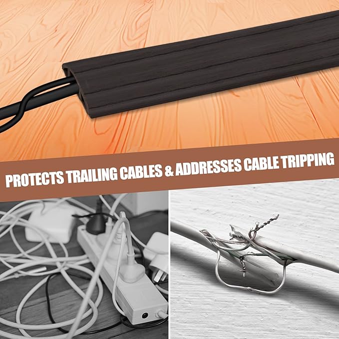 Floor Cord Cover Self Adhesive Cord Hider,10FT Cable Management, Extension Strip Protector for Wires, Prevent Cable Trips for Offices, Gyms, Exhibitions Cavity:0.39"(W) x 0.27"(H) Black Wood