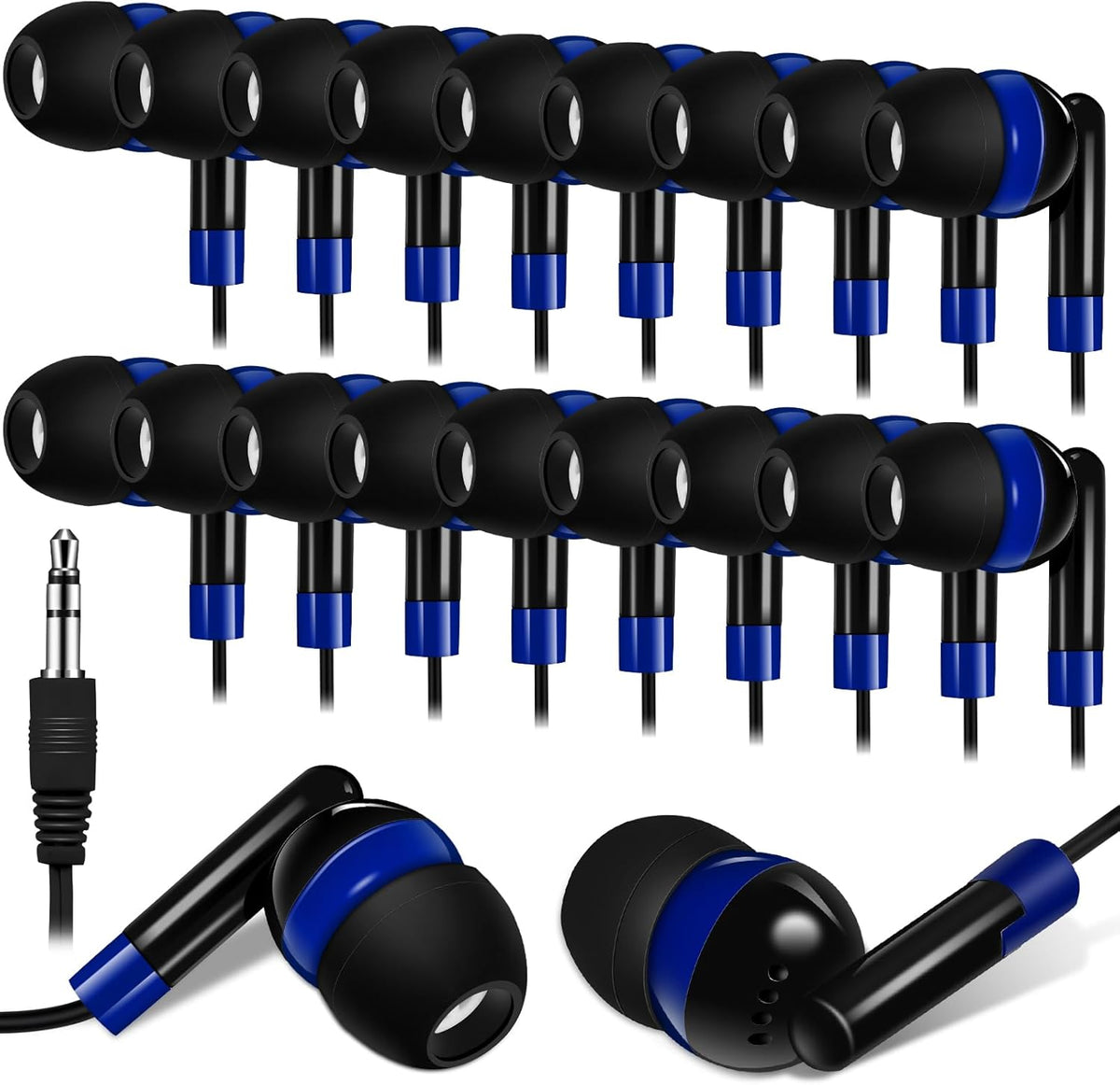 Kanayu 100 Pack Wired Earbuds Bulk for Classroom Ear Headphones Wired Basic Student Earbuds No Microphone with 3.5mm Jack for Kids Class Laptop School Library, Individually Bagged(Dark Blue)