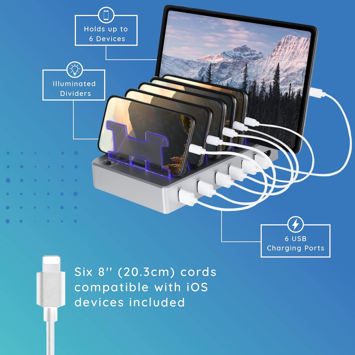 Charging Station for Multiple Devices, with 6 USB Fast Ports, Compatible with Cell Phones, Smart Phones, Tablets, and Other Electronics (Silver)
