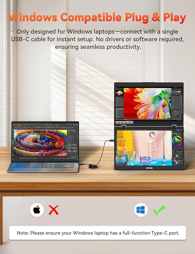 HotYeah Triple Laptop Screen Extender 15.6 1080P FHD IPS Folding Stacked Portable Dual Monitor USB-C Travel Extended Computer Display w/VESA 180° Rotation Plug &amp Play (Windows Only)