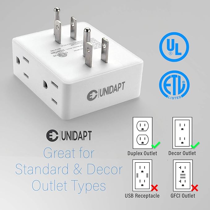 Multi Plug Outlet Splitter, Unidapt Multiple Outlets Extender Adapter with 6 AC Power Socket, Side Splitter Box, Wall Tap Plug Expander for Home Hotel Office Dorm Essentials, 2-Pack