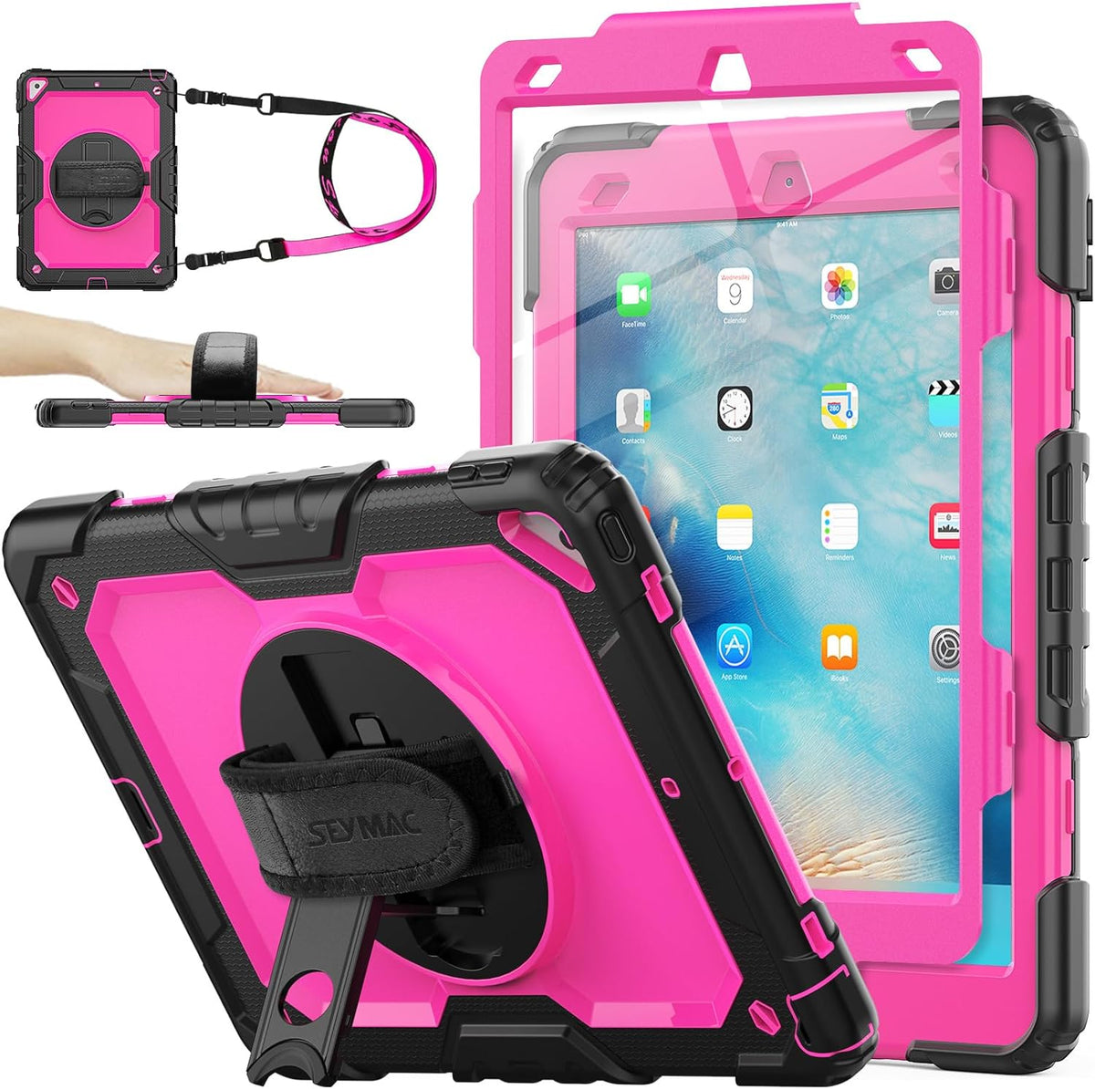 SEYMAC stock Case for iPad Air 3 2019 / Pro 10.5'' with Screen Protector Pen Holder [360° Rotate Hand Strap/Stand], Drop-Proof Case (Rose+Black)