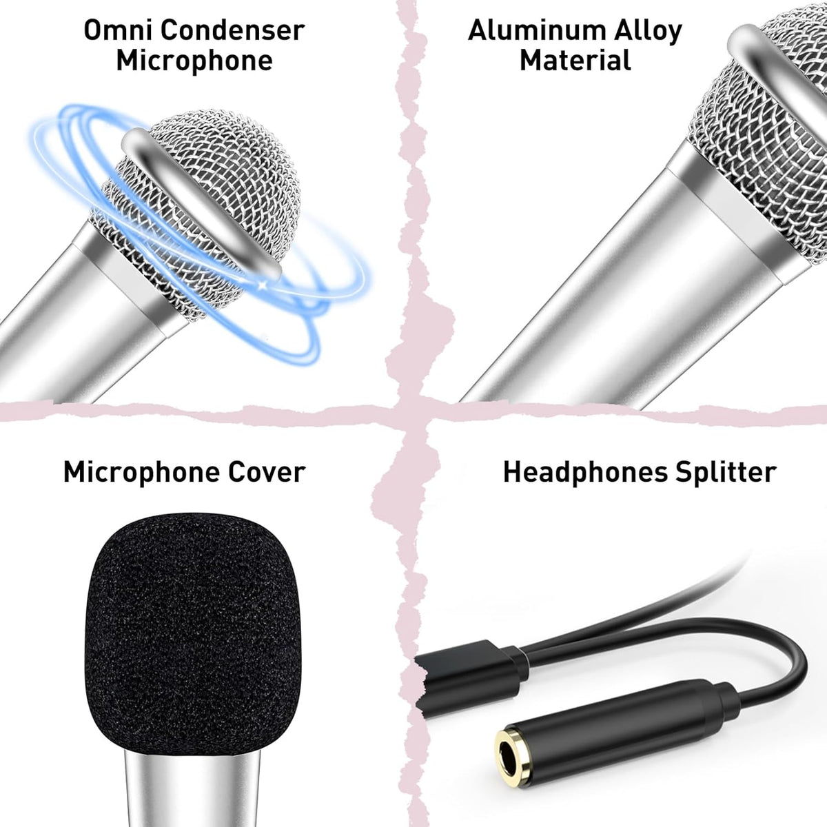 2PCS Mini Microphone for iPhone iPad Small ASMR Tiny Microphone for Voice Video Recording Singing, Vlogging, YouTube Two Mics Rose Golden and Black