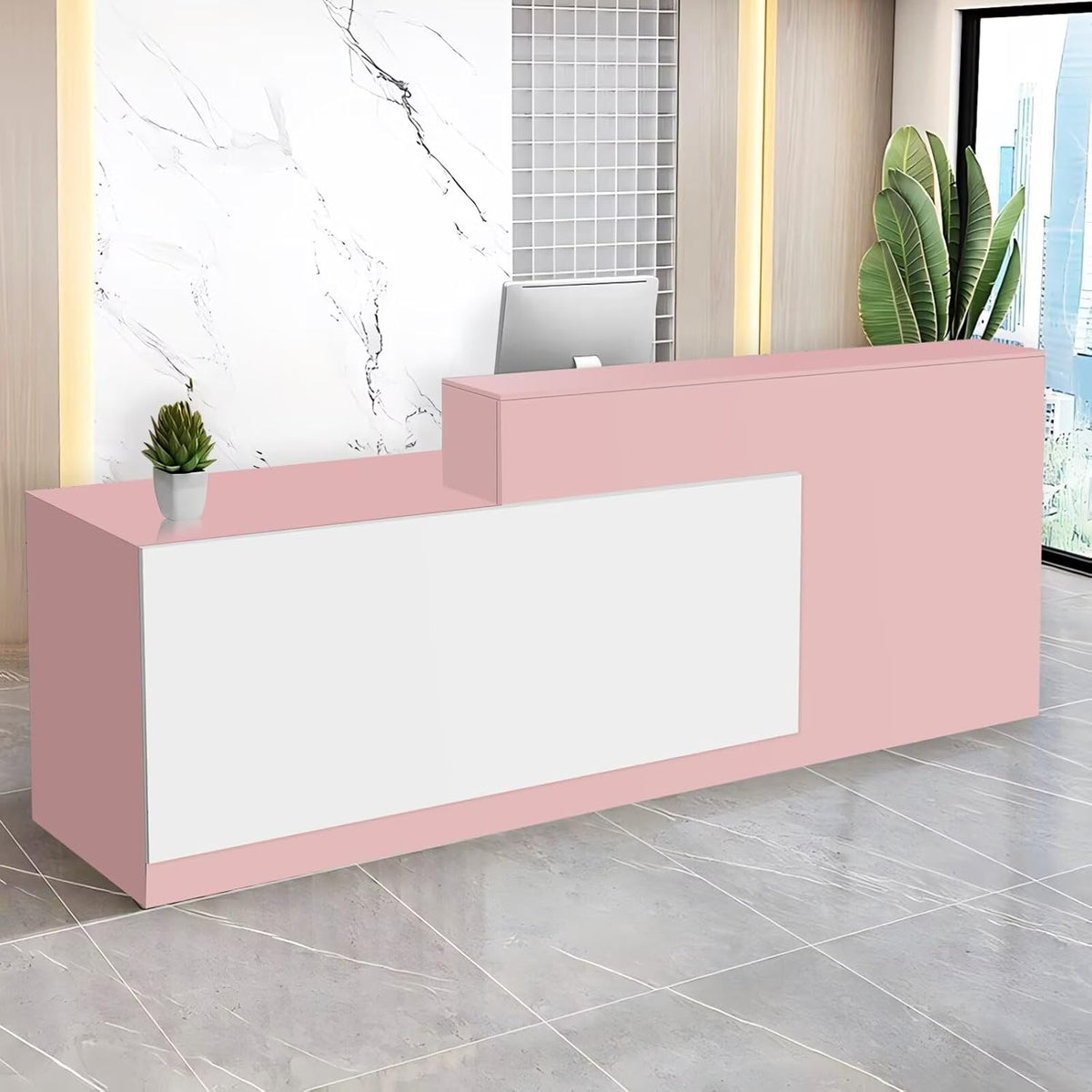 Reception Desk with Counter Modern Checkout Counter with Lockable Drawer Keyboard Tray Receptionist Desk for Office Salon Reception Table T Left 71inch/180cm