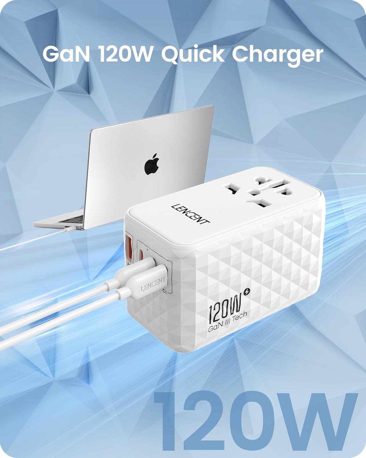 LENCENT 120W International Travel Adapter, Universal Travel Adapter with 1 QC USB-A & 3 PD3.0 Type C Power Adapter, Fast Charging for Phone,Laptops, All-in-One Outlet Adapter for USA/UK/EU/AUS, White