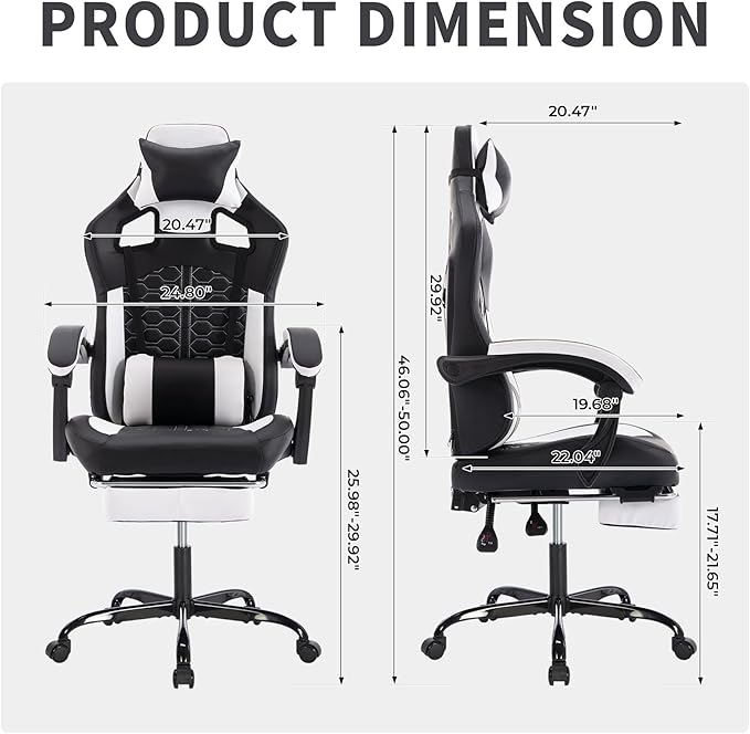 Gaming Chair Ergonomic Computer Chair with High Back Office Computer Chair with Footrest and Massage Lumbar Support Height Adjustable Swivel Video Game Chair (Black White 1)