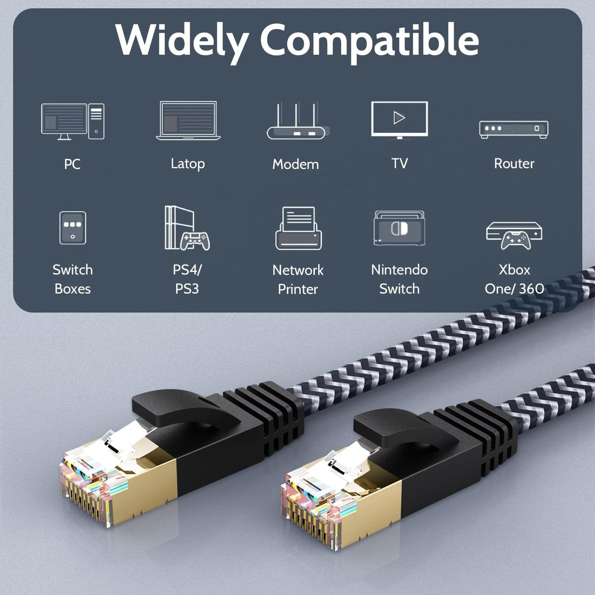 7 6.6 RJ45 PS5 6 Cat Ethernet Cable ft, High Speed Flat Nylon Braided Internet Network Cord, Shielded LAN Wire