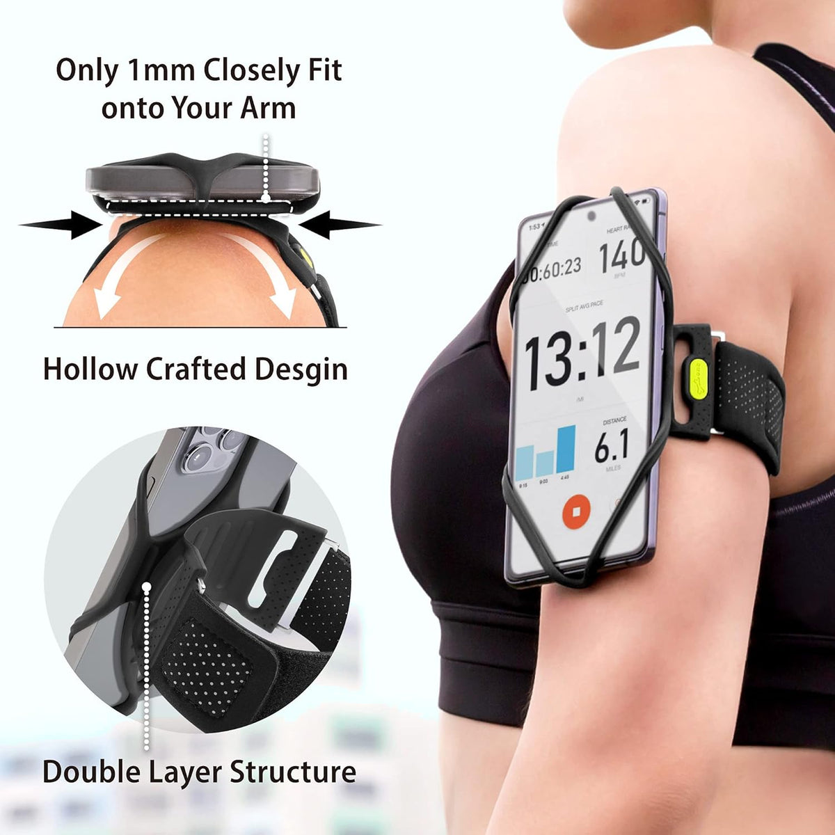 BONE Run Tie 2, Running Phone Holder, Skin-Friendly Silicone Sport Armband with Dual Layer Design for Heat-Dissipation, Workout Phone Carrier for Most Smartphone (L Arm Size/9.8-15.7 inches)