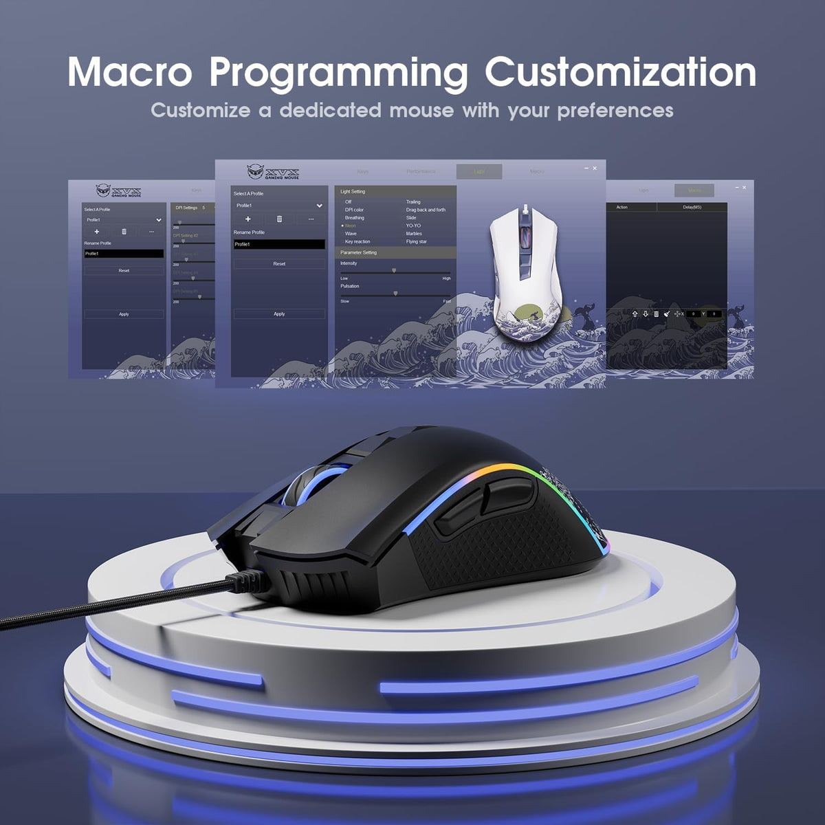 HITIME XVX Wired Gaming Mouse, 12000 DPI RGB Mouse with 12 Backlit Modes & 7 Macro Buttons, Gaming Mice Support DIY Keybinding, Gamer Computer Mice for Laptop PC Mac Windows, Wave
