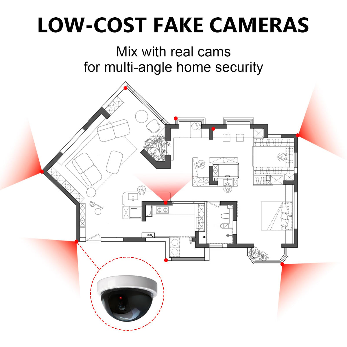 WALI Dummy Fake Security CCTV Dome Camera with Flashing Red LED Light with Security Alert Sticker Decals (SDW-6), 6 Packs, White