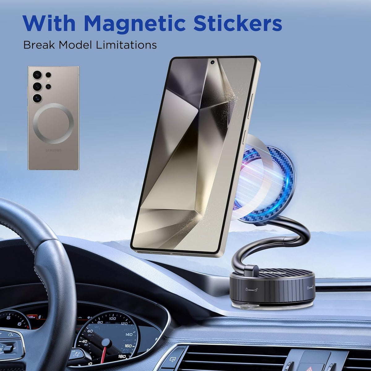 Magsafe Car Mount, Magnetic Phone Older,N55 Super Strong Suction Cup, 360° Adjustable, Portable Foldable Phone Holder for Your Car