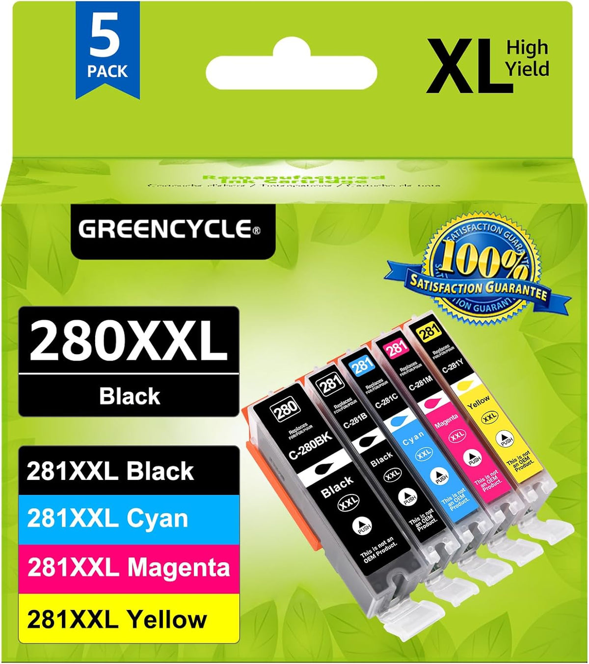 280XXL 281XXL Ink Cartridges Replacement for Canon PGI-280XXL CLI-281XXL Compatible for PIXMA TR7520 TR8520 TS6120 TS6220 TS8120 TS8220 TS9120 TS9520 TS6320 TS9521C Printer (5 Pack)