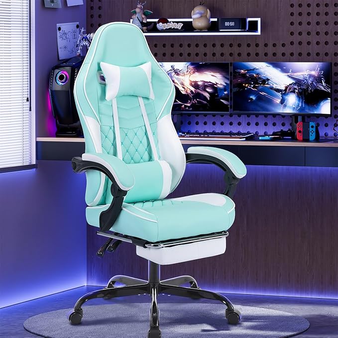 Leather Video Game Chairs Ergonomic Gamer Chairs for Adults Green Gaming Chair with Adjustable Support &amp Footrest (Green)