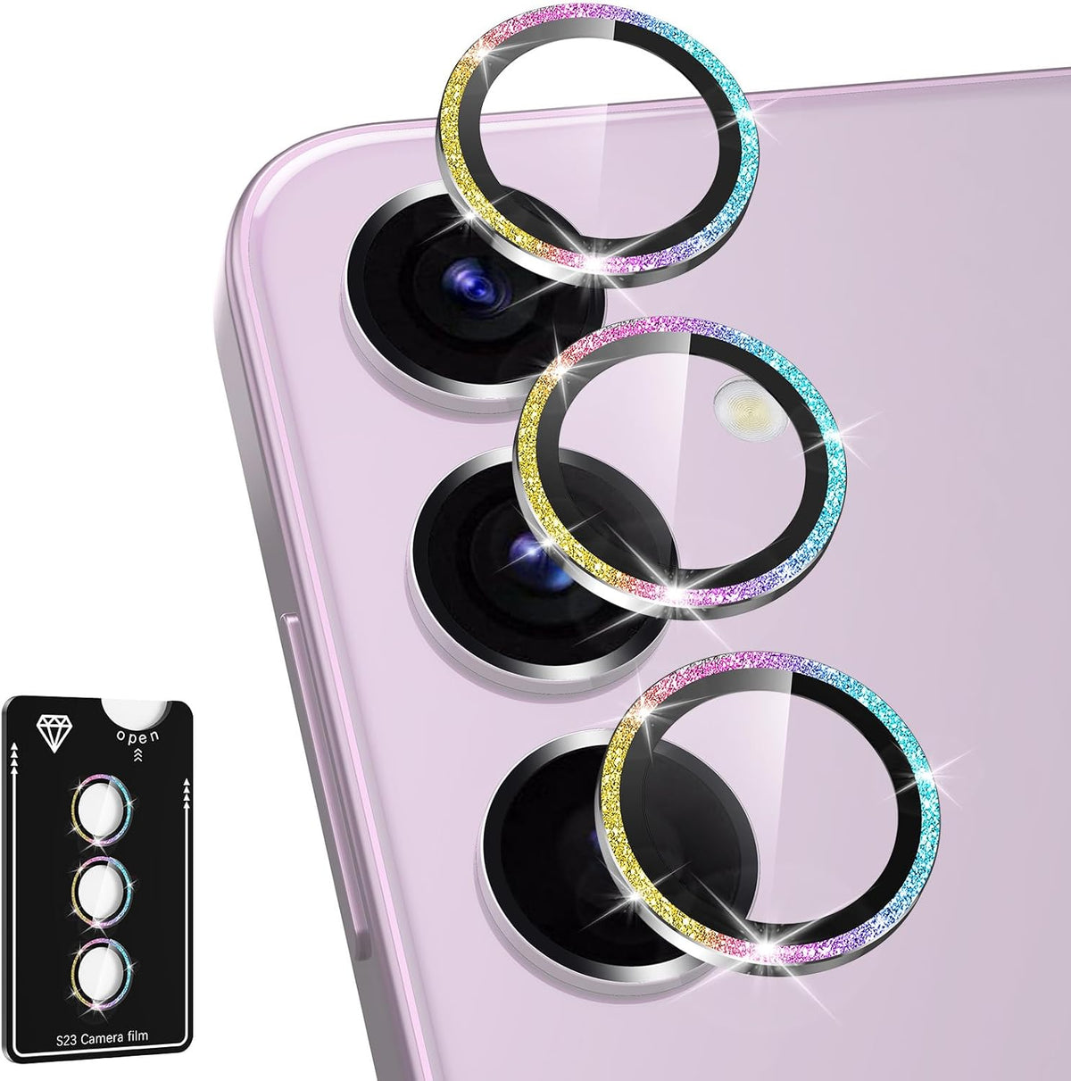 for Samsung Galaxy S23/S23 Plus Camera Lens Protector, Individual Metal Ring Tempered Glass Lens Cover, [Strong Adsorption] Scratch Resistant Ultra-Thin HD Clear Lens Cover, 1 Set-Colorful