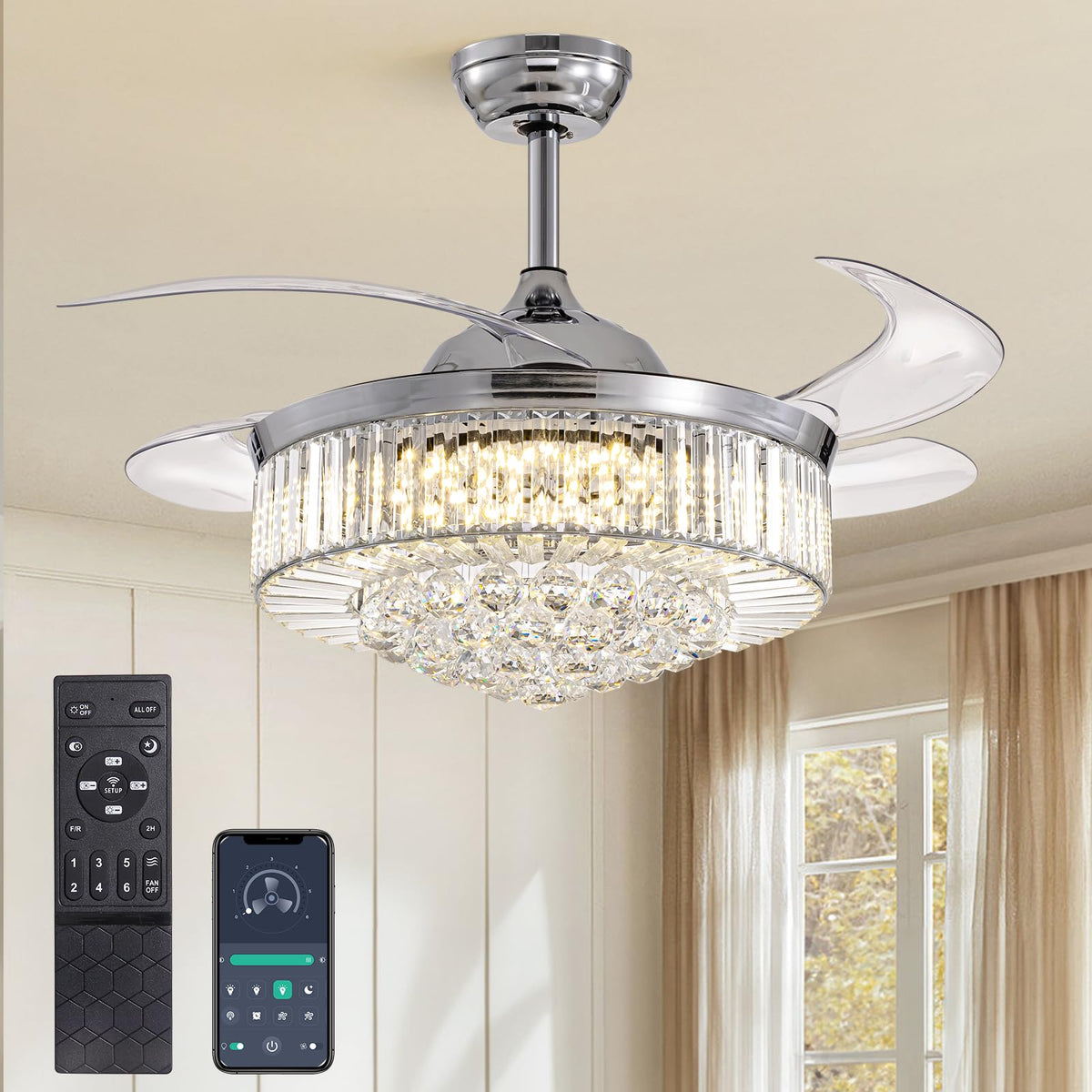MOOONICHE Modern 42 Inches Dimmable Fandelier Crystal Retractable Ceiling Fans with Light and Remote, Invisible LED Crystal Chan