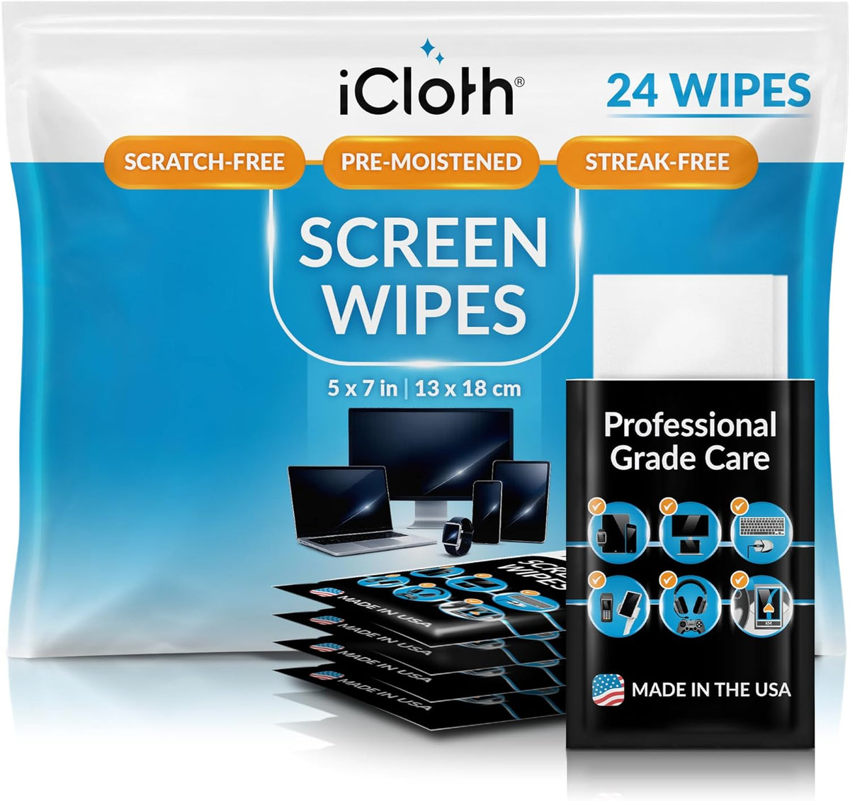 iCloth (24 Screen Cleaner Wipes by Individually Wrapped Travel Size Streak-Free Large Wipes)