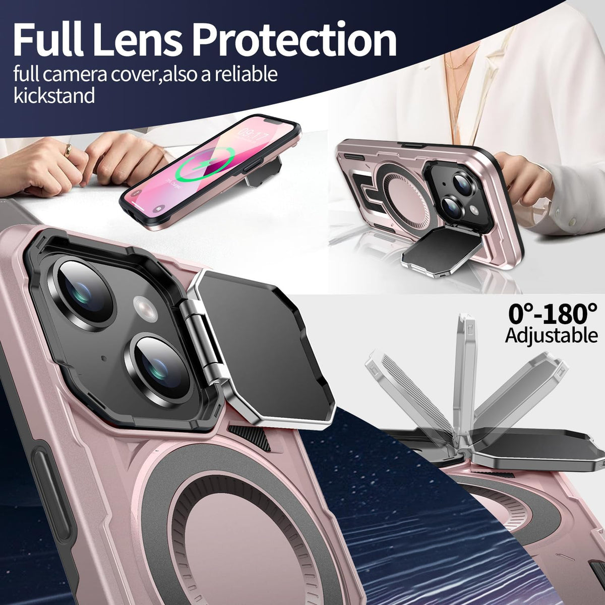 Camera Stand Case for iPhone 14 Plus, [Compatible with Mag Safe] [Lens Cover] 2024 Version Military Grade Protective Soft Case for iPhone 14 Plus 6.7 inch Men Women,Pink