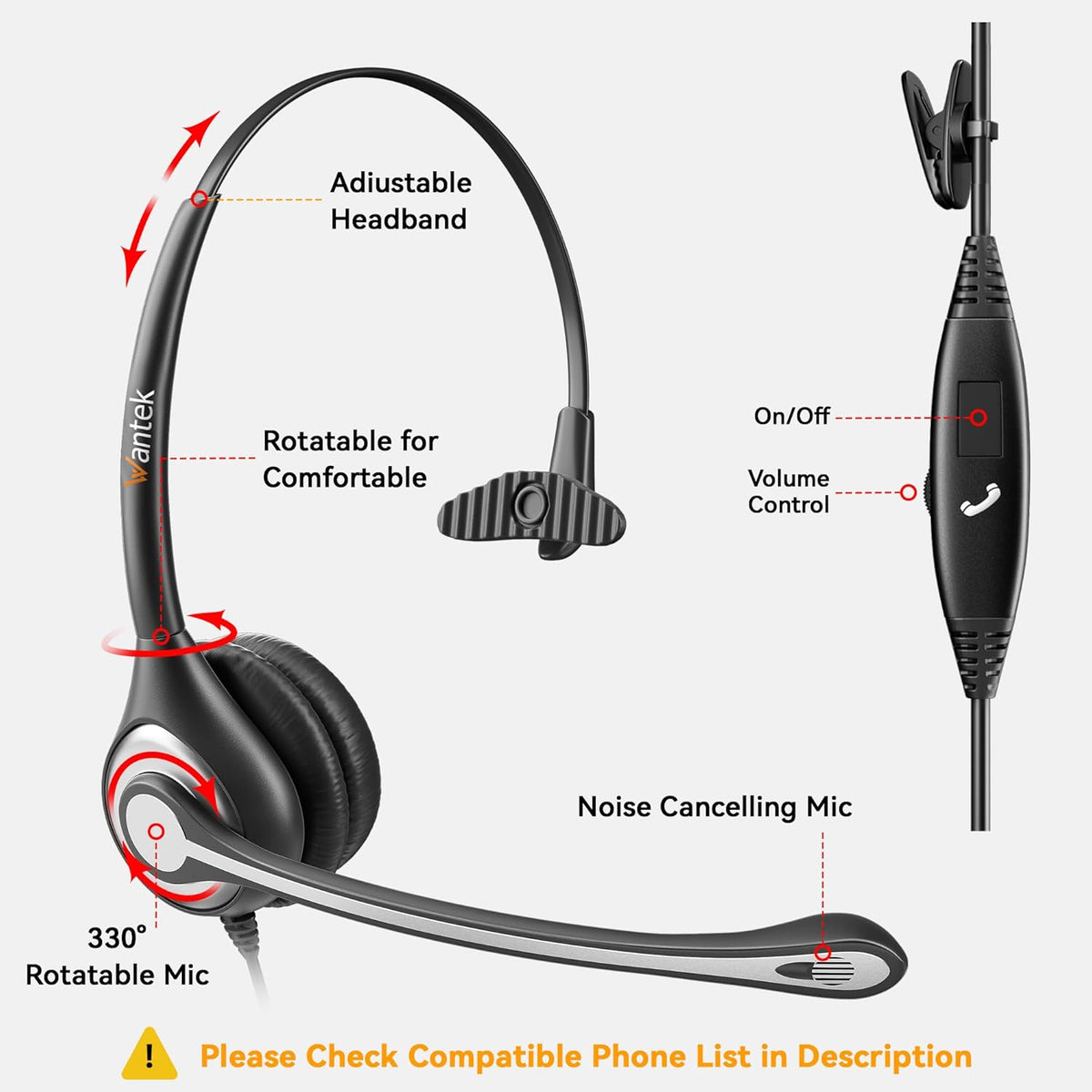 Wantek Cell Phone Headset Mono with Noise Canceling Mic, Wired Computer Headphone for iPhone Samsung Huawei HTC LG ZTE BlackBerry Smartphones and Laptop PC Mac Tablet with 3.5mm Jack(F600J35)