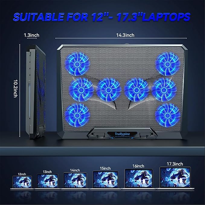 Laptop Cooling pad for Asus EeeBook F502 Gaming laptops Laptop Cooler with 8 Fan Adjustable Speed 5-Level Height Adjustment Mute Silent2 USB-A PortBuilt-in Phone Stand