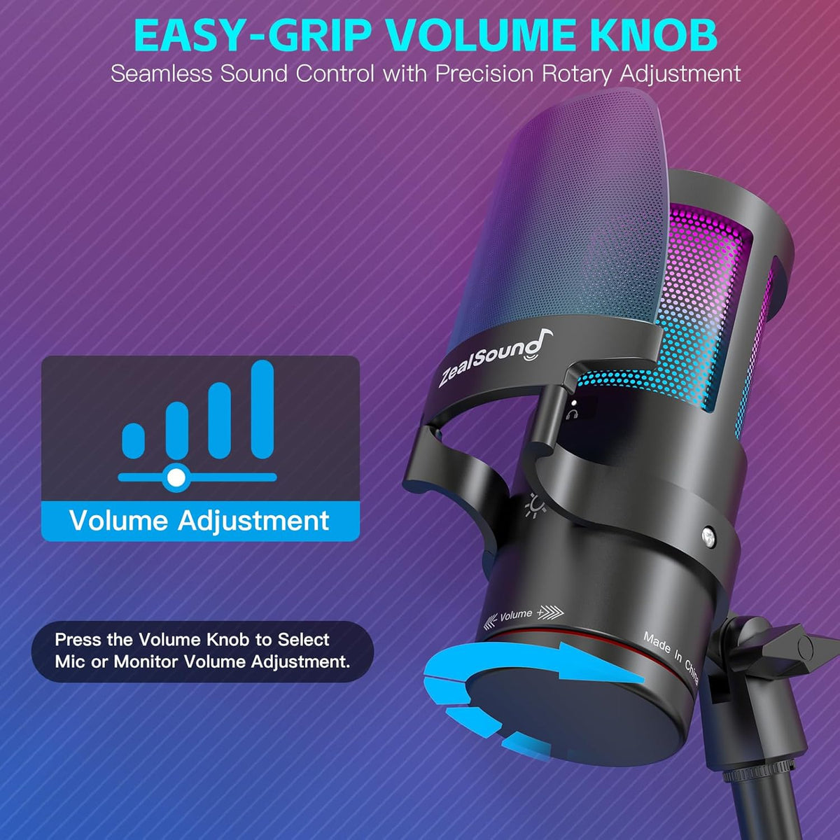 ZealSound Gaming USB Microphone,Noise Cancellation Condenser mic with RGB Light,Touch Mute,Gain,Monitoring for Streaming, Podcast, Twitch, YouTube, Discord, iPhone, iPad,PC,Computer,PS4,PS5,Mac