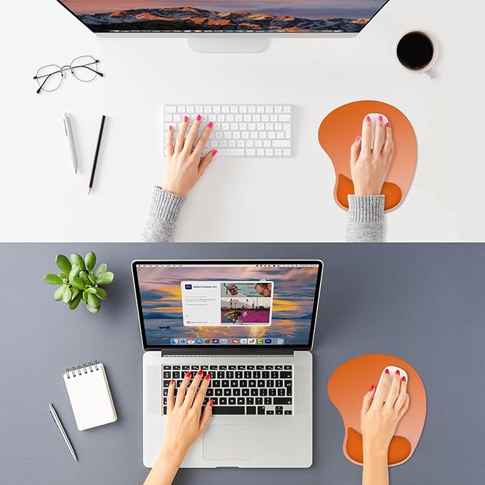 ITNRSIIET Ergonomic Mouse Pad, Cushioned Gel Wrist Rest, Non-Slip Base, Smooth Surface, Cute Multi-Color, 9.5 x 8.2 in, Peach Gradient