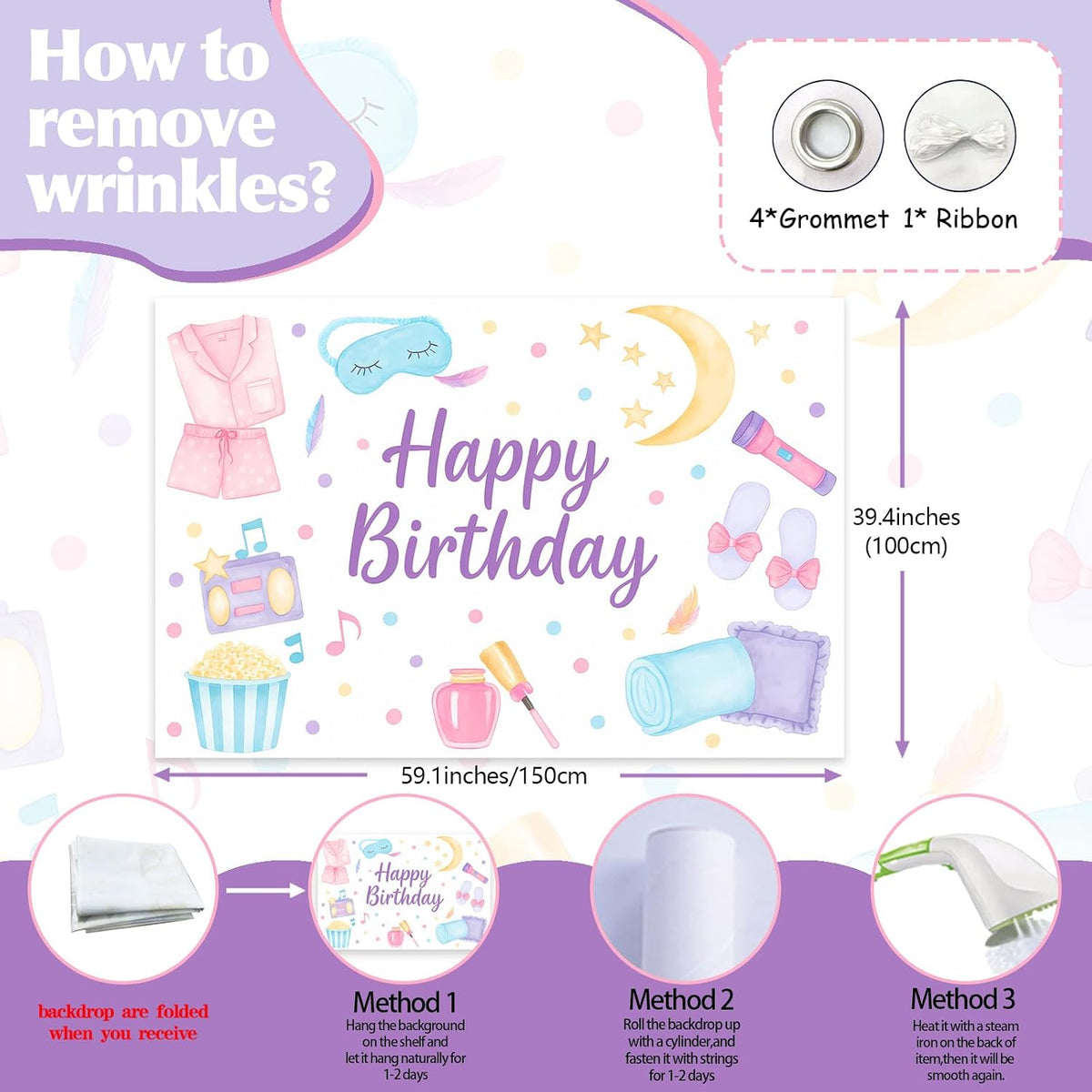 5 3ft Spa Happy Birthday Backdrop Spa Party Supplies for Girls Makeup Pajama Sleep Mask Pillow Photography Background