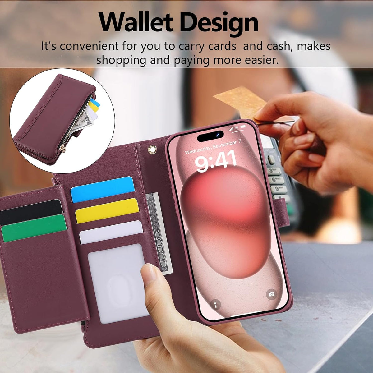 Compatible with iPhone 15 Pro Max Wallet Phone Case-PU Leather Magnetic Flip Cover with Credit Card Slots,Zipper Pocket & Detachable Wrist Strap,Shockproof Design,for Women and Men-Claret