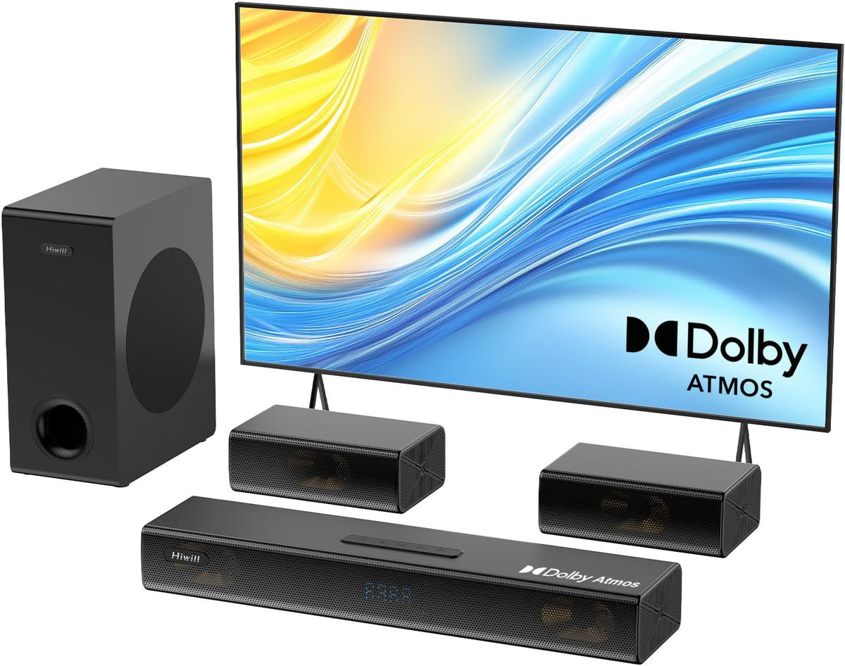Hiwill 4.1ch Dolby Atmos Soundbar, 320W Sound Bar for Smart TV with Subwoofer, 2 Side-Firing Tweeters, 2 Front Surround Speakers, Home Theatre 3D Surround Sound System for TV Speaker, eARC/OTP/AUX