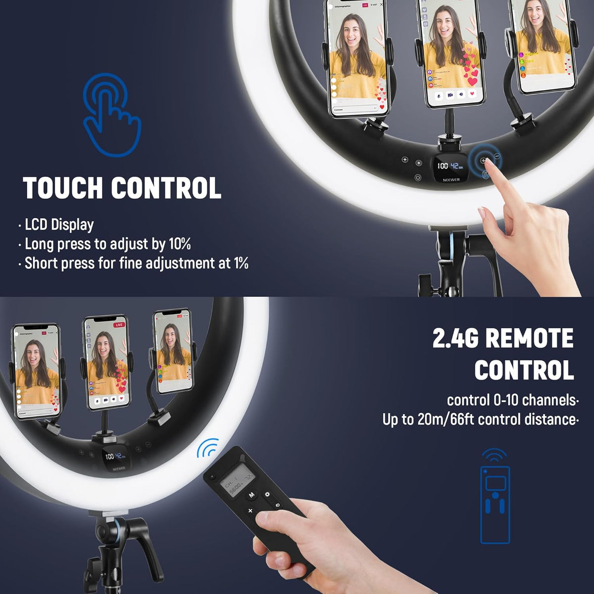 NEEWER RP19H Ring Light 19 Inches with Stand and 3 Phone Holders, Upgraded Touch Control, Smooth Dimming at 1%, 42W CRI 97+ 2540lux, Professional for Streaming Home Office Zoom Call Lighting